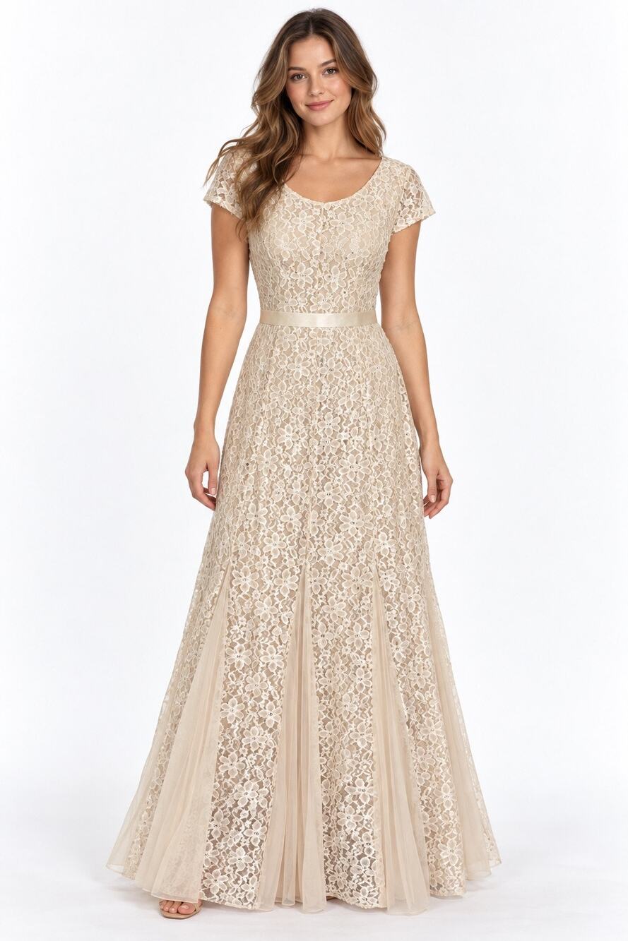 Candalite Champagne Floral Lace Sequin Maxi Dress Tulle Godet Gown S Formal